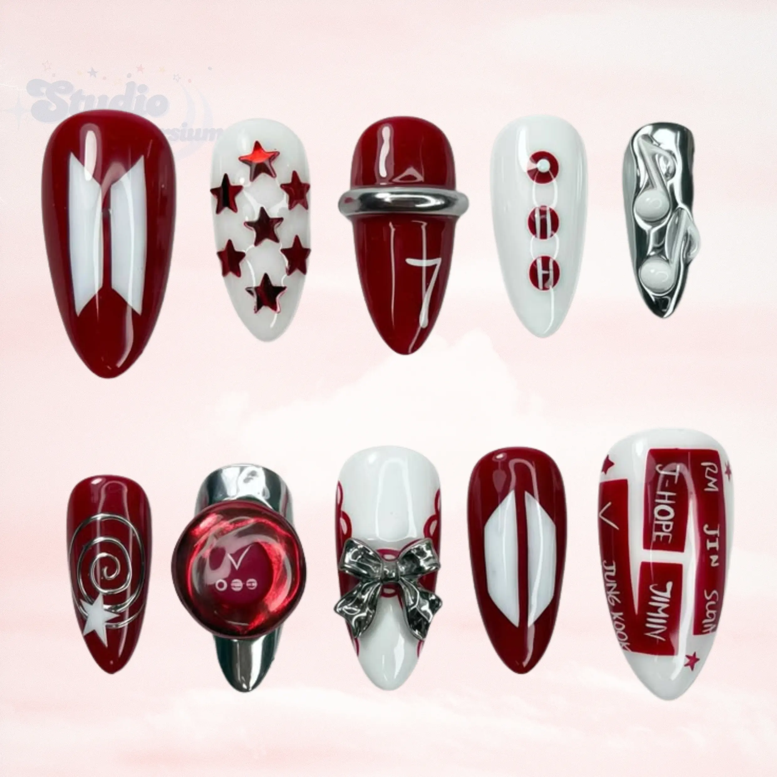 Handmade K-Pop Fan Press On Nails, Red White Chrome Bow Star Number 7 Lightstick Concert Inspired Fake Nails