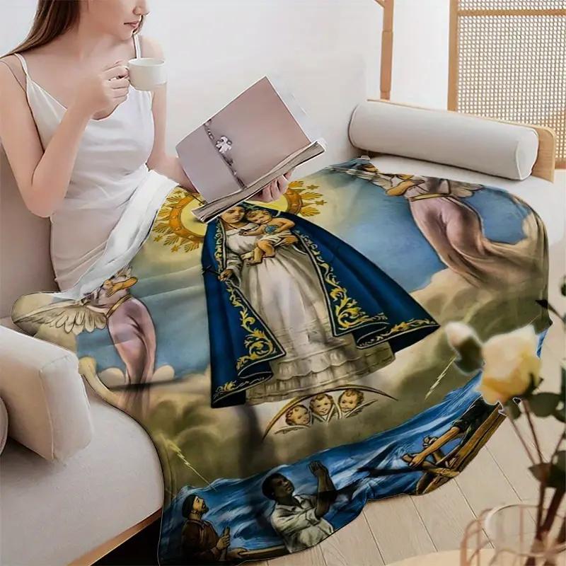 Soft Funny Throw Blanket Charity Virgin Mary Pattern Digital Printed Plaid Blanket, Extra Large Plush Design, Suitable for Bed and Sofa, Modern Style, All Seasons, Machine Washable, Travel, Camping, and Nap Friendly, Unique Birthday Gift