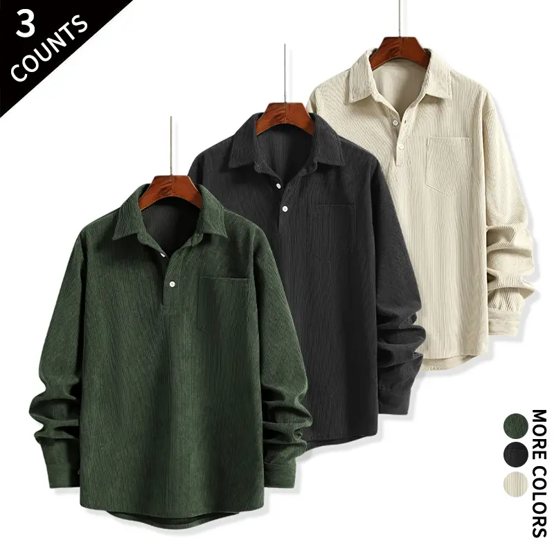 Men's 3-Pack Retro Chic Corduroy Shirts - Long Sleeve, Turn Down Collar, Fitted, Plain, Soft Skin-Friendly All Season Clothes, Black+Black+Green, Suitable for Home, Office
