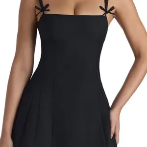 CRESSIDA - Black Bow-Detail Pleated A-Line Mini Dress for Women - Casual Womenswear