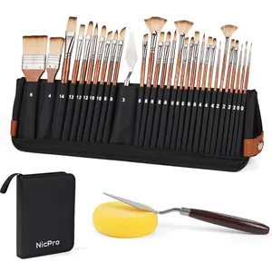 Nicpro 30pcs Paint Brush Set, Professional Paintbrushes with Paint Spatula & Self-Standing Case, Craft Paint Brushes for Acrylic Painting, Oil, Watercolor, Gouache, Art Supplies for Artists Beginners