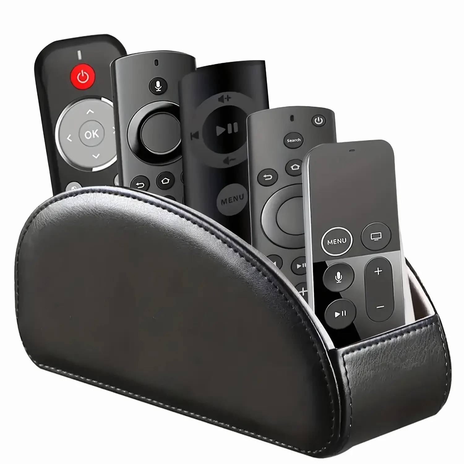 Faux Leather Remote Control Holder with 5 Compartments, Versatile Desktop Storage Box/Remote Control Organizer/Bedside Table Remote Caddy/Home Storage Container for TV Controllers, Home Appliance Controllers, Pens, Eyeglasses, Office Stationery