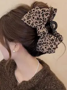 Vintage Leopard Print Bow Hair Claw, Simple Fabric Wrapped Butterfly Clip, Plastic Hair Clip for Daily and Casual Gatherings, Leopard Bow Design, Hair Bun Accessories