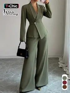 Aliling Commuter Women's Clothing Two-Piece Set Long Sleeve Slim Button Coat Top Match  High Waist Wide Leg Pants Trousers Casual Suits