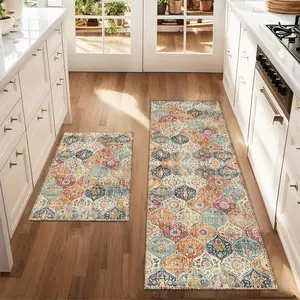 2Pcs Retro Bohemian Floor mat set for farmhouse kitchen Rug restaurant floor laundry room decor carpet mat