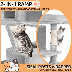 Big Cat Tree, Tower for Indoor Cats, Cat Tower for Multiple Adult Cats XXL Cat Tree with Scratching Post, Hammock, 2 Perches, 2 Condos, 2 Hanging Basket, Light Grey