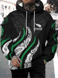 Fashionable hooded sweatshirt, casual sports hoodie with New Zealand Maori totem pattern, black background, green decorative strap and front pocket