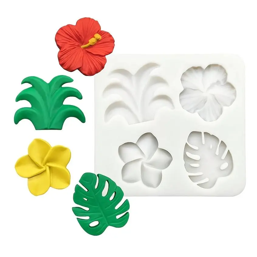 Hibiscus Plumeria Tropical Flower & Leaf Silicone Fondant Molds - Custom Shaped, Flexible Dessert & Chocolate Molds for Tropical Party Cake Decoration, Custom Shaped Chocolate & Sweet Moulds, Dessert Mold Chocolate & Sweet Moulds