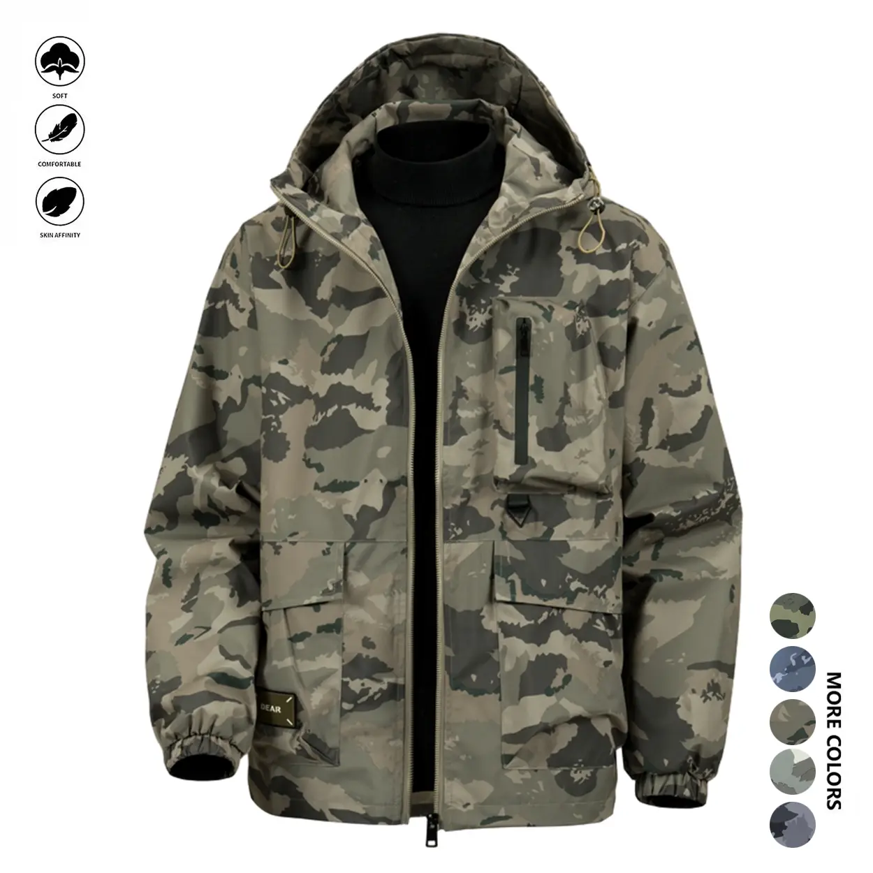 Men's Camouflage Hooded Jacket - Waterproof, Lightweight Multi-Function Tactical Windbreaker, Machine Washable Normal Type Outdoor Military Coat with Chain for Camping&Hiking, Casual, Fishing, Polyester, Pull On, Regular