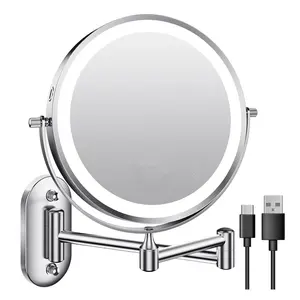 8-inch folding LED makeup mirror, telescopic wall-mounted dressing mirror, double-sided illuminated mirror with magnification, charging bathroom mirror