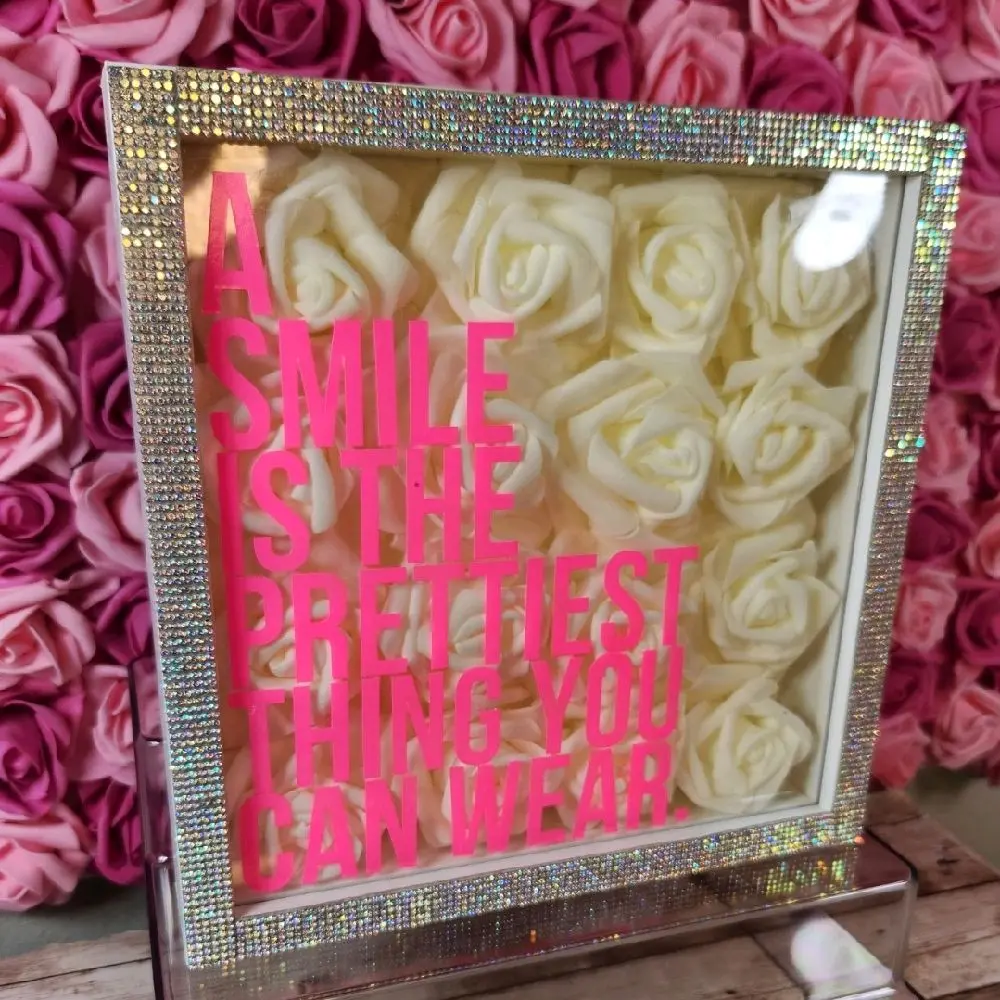 Elegant Glam Ivory Rose & Silver Rhinestone Shadow Box Wall Art - "A Smile Is The Prettiest Thing You Can Wear", Iridescent Border, Secure Hanging Room Decor, Above Bed Decor, Smile Quote Art, Vinyl Wall Decoration