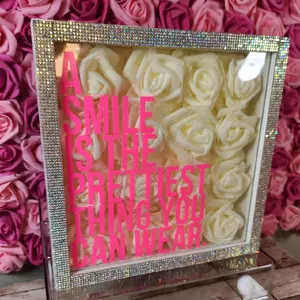 Glam Wall Art. Ivory Rose & Silver Rhinestone "A Smile Is The Prettiest Thing You Can Wear" Shadow Box. Bling Wall Decor. Glam Decor. Room Vinyl