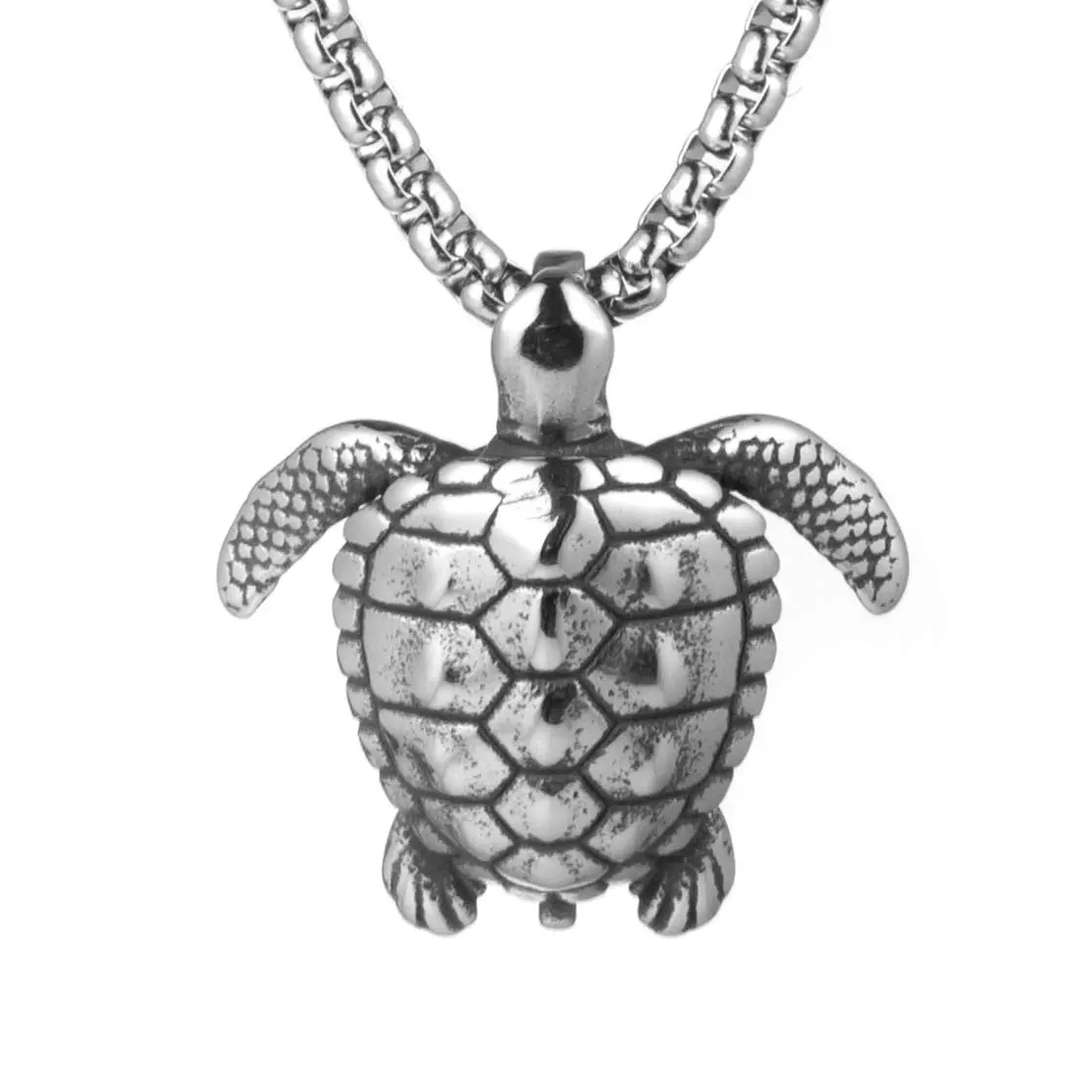 HZMAN Health Longevity Sea Turtle Stainless Steel Marine Life Pendant Men's Women's Beach Style Necklace 22 + 2 Inch Chain