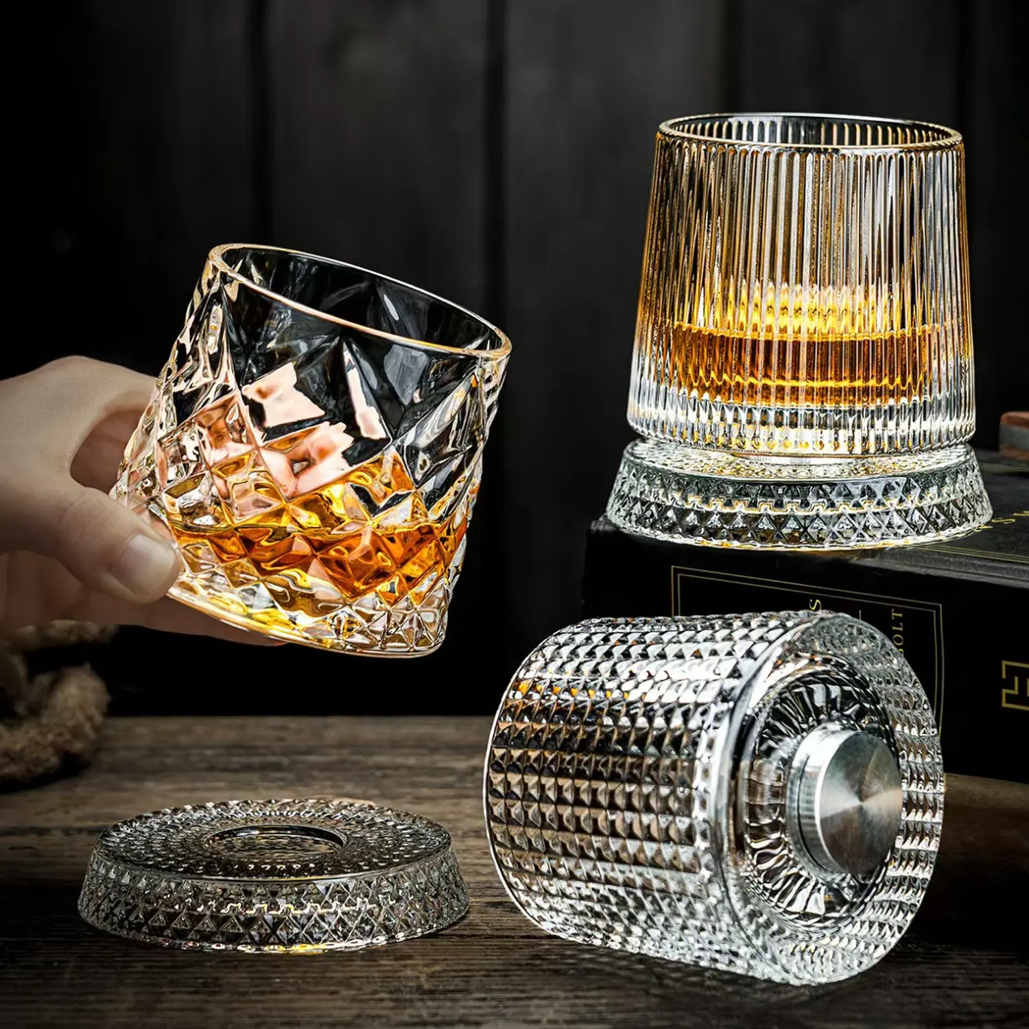 New Rotating Glass Cup, Spinning Glass Cup, Vintage Glass Cup, Crystal Whiskey Glass, Liquor Glass, Bourbon Drinking Glass, Lowball Glass, Cocktail Cups, Durable Design, Drinkware, Crystal Glassware, Ideal Gift for Bars, Whiskey, Rum, Cocktails