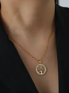 Life Tree Pendant Necklace & Bracelet Set, 18k Gold Plated Titanium Steel, Rhinestone Decor, Classic Cute Style, Daily & Party Wear
