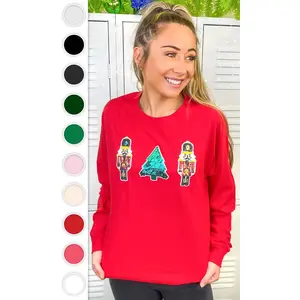 Tees2urdoor Women's Fitted Cotton Longsleeve Round Neck T-Shirt - Nutcracker Sparkle Sequin Graphic, Casual Streetwear Top