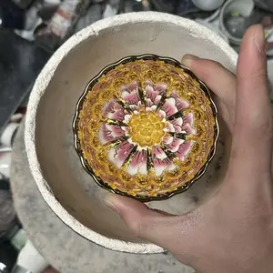 Jian Zhan Masterpiece with Golden Glaze and Pink Peony Flowers Handcrafted Ceramic Bowl
