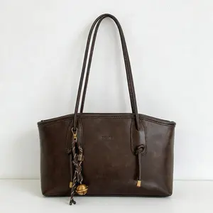 Retro Dark Brown Shoulder Bag - Classic Structured Tote with Decorative Tassel & Bell Accent