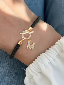 Women's Zirconia Letter Initial Bracelet OT Buckle Adjustable Casual Rope, All Season Fashion Accessory