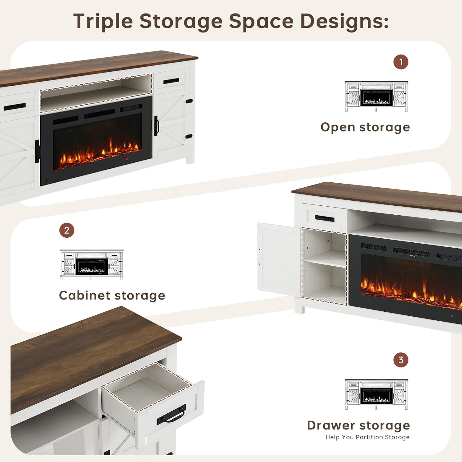 Oneinmil 70" Fireplace TV Stand for TVs up to 80", Farmhouse Entertainment Center with Barn Doors & Storage Cabinets, White & Black Finish