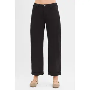 RISEN Tummy Control Mid Rise Ankle Barrel Relaxed Baggy Denim Jean Womenswear Black Casual Chic