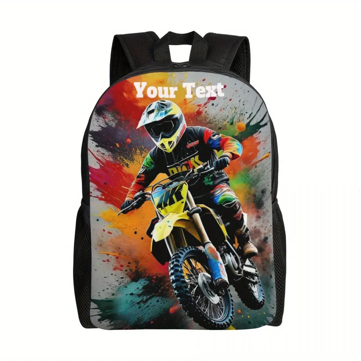 Customized watercolor motorcycle backpack with text, personalized with your name logo backpack, adjustable shoulder strap, unisex, custom casual large capacity, suitable for school, outdoor, office, sports climbing, unique design gift