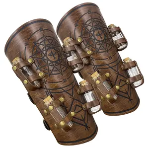 HiiFeuer Medieval Embossed Alchemy Bracers with 8 Cork Vials, Fantasy Faux Leather Buckle Arm Guards Magic Archer Gauntlets Protective Outdoor