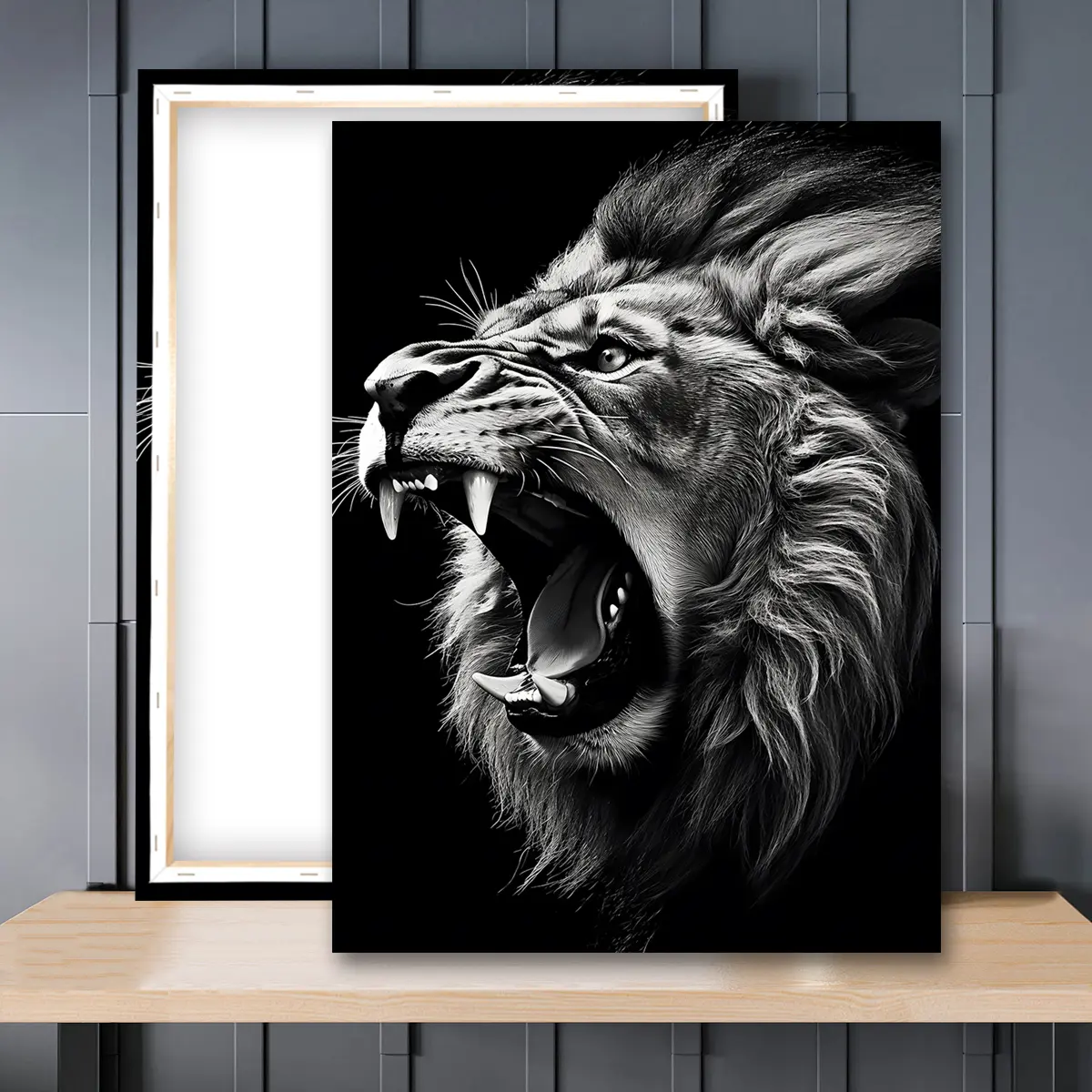 1pc Wooden Framed, Roaring Lion Canvas Poster, Animal Jungle King Roar Portrait Creative Wall Art Print Painting, Modern Wildlife Wall Picture, Ideal For Bedroom, Living Room, Home Decoration, Aesthetic Wall Decor, Perfect Gift Idea