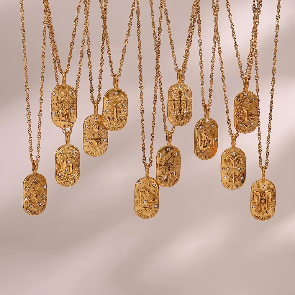 Gold-Tone Zodiac Oval Tag Pendant Necklace with Stainless Steel Rope Chain, Raised Sign Motif, Clear Zircon-Style Accent - Costume Jewelry Gift for Special Occasions