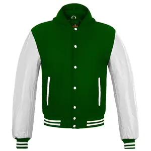 Deckra Women's Long Sleeve Polyester-Wool-Leather Hoodie Coat - Baseball Varsity Style Casual Outerwear with Pocket, Button Closure, Green/White