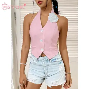 MISTY CHIC Coquette Halter Neck Vest Top With V-Neckline And Button Front, Fixed Flower Detail And Cropped Silhouette, Perfect For Date Nights And Creating Viral Romantic Core OOTDs That Stand Out