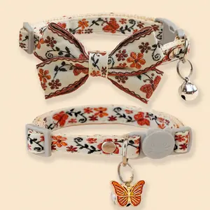 2-Pack Embroidered Floral Butterfly Pet Collar Set, Small Cat Dog Bell Collars, Anti-Choking Buckle, Pet Photography Decorations