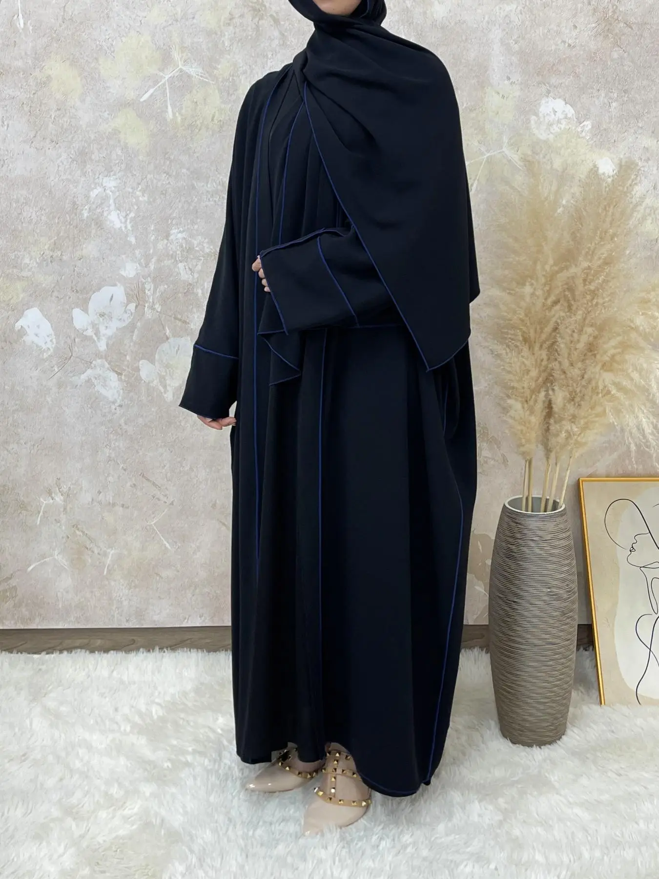 Arabic Clothing-Solid Contrast Binding Belted Abaya With Hijab Without Inner Dress, Modest Batwing Sleeve Open Front Abaya, Summer Outfits 2024, Women