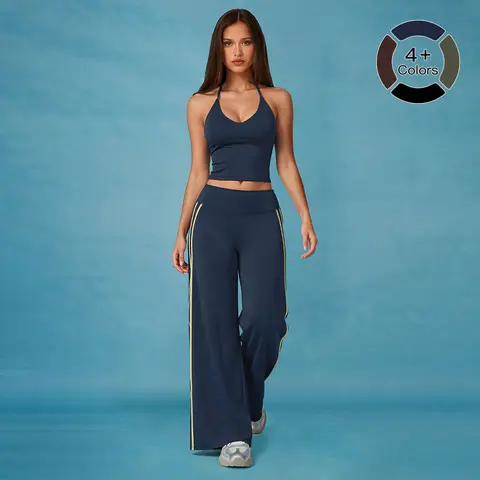 MFVIM Women’s 2-Piece Athletic Wear Matching Set - Summer Casual Halter Tank Top + Side Contrast Striped Wide-Leg Pants, Workout Apparel for Gym, Outdoor Activities | Women’s Workout Gym Sets