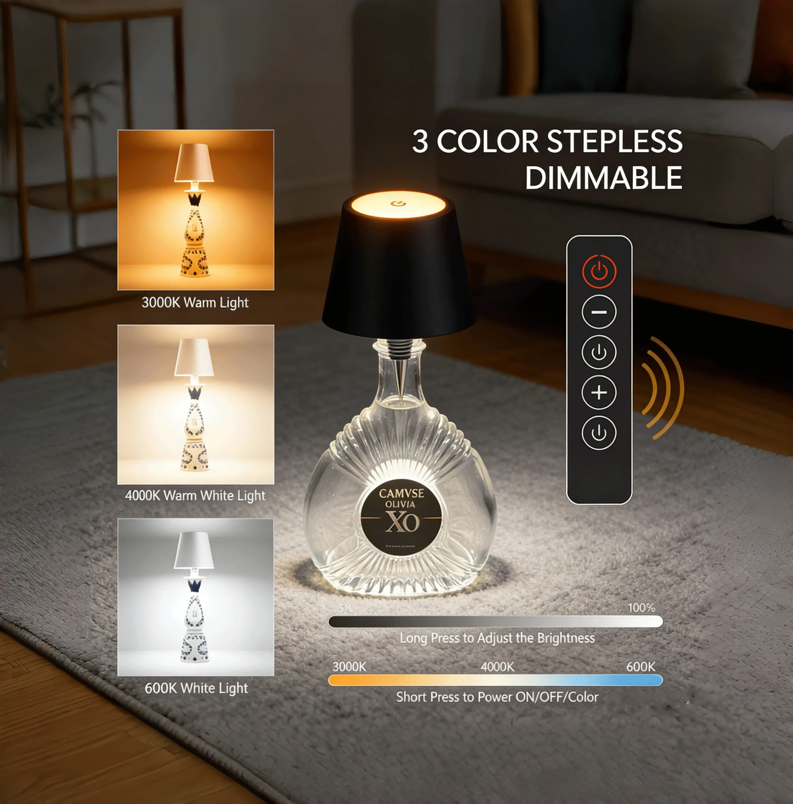 2025Whiskey Bottle Lamp, Wireless Light with Whiskey Bottle Cap Design, Top Touch Control, Metal Material, 3-Color Adjustable Lighting, USB Rechargeable, Suitable for (Bars/Bar Counters/Lounge Bars/Western Restaurants/Wineries/Weddings/Birthday Parties) s