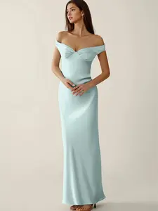 Azazie Gwendonme Sheath Off-Shoulder Minimalist Prom Satin Crystal Linen Dress