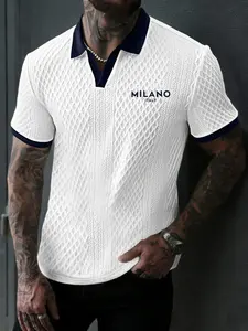 Men's Fashion Short Polo Shirt, Menswear, Milano Letter Print, Breathable Textured Fabric, Suitable for Daily Commute, Business Casual, Weekend Outing