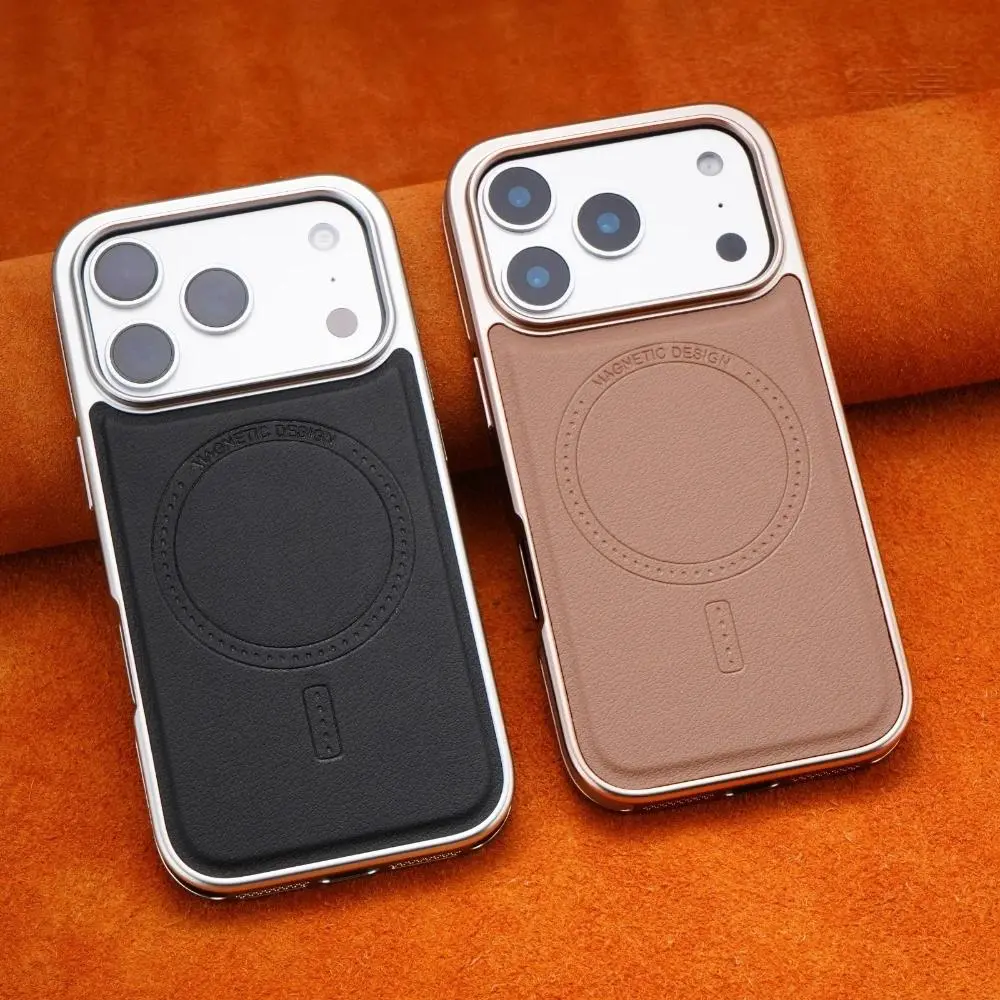 HAY Luxury Plating Edge PU Leather Magnetic Casing for iPhone 17/16 Pro Max, Business-Style MagSafe Charging Cover with Protection
