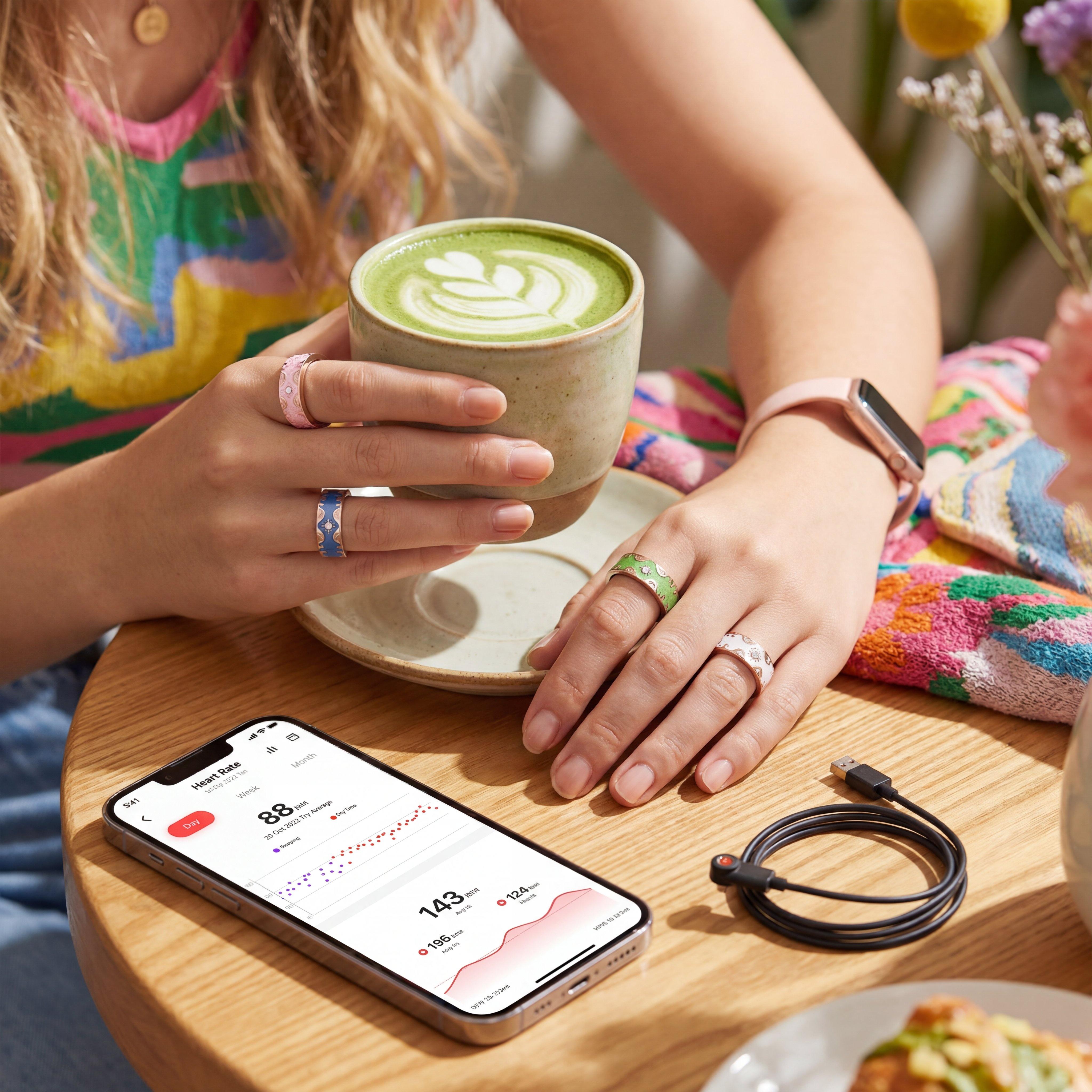 Aesthetic Smart Ring for Women & Men - Pink/White/Green Wellness Tracker, No Monthly Fee, 6-Language App & Manual, 5ATM Waterproof Jewelry Ring, Ideal Birthday Gift for Her