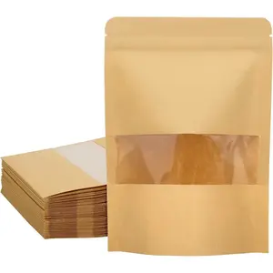 50 Pack Kraft Paper Stand Up Pouch Bags, Resealable Bag with Transparent Window and Tear Notch for Multipurpose Storage (4 X 6 Inches)
