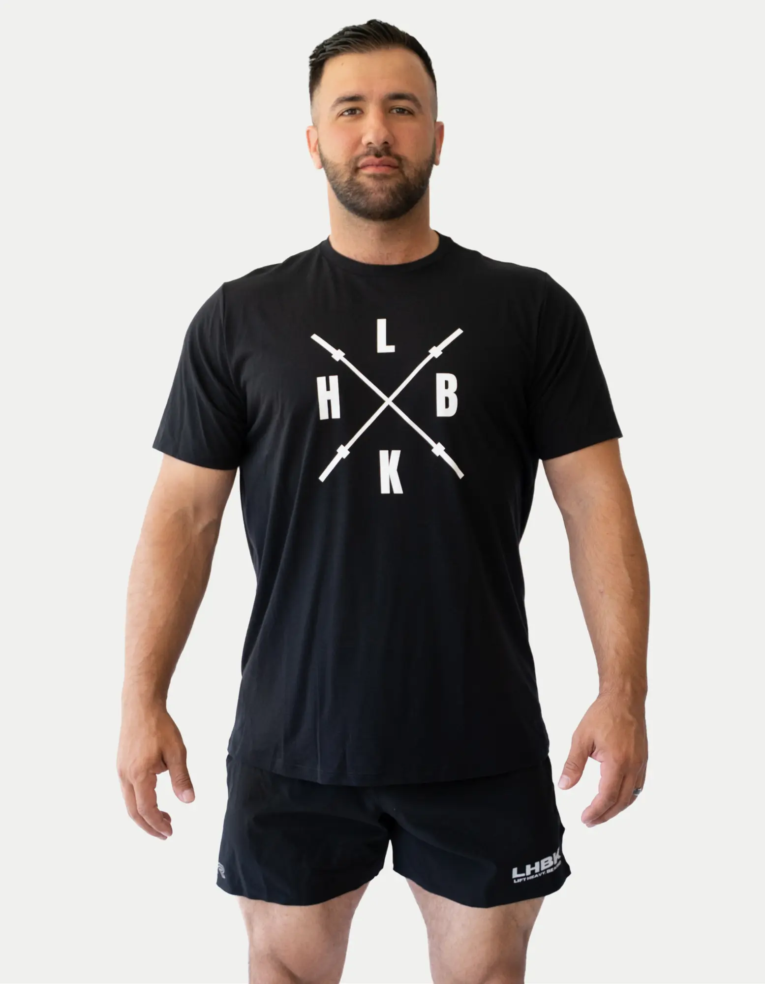 LHBK Barbell Black Unisex Athletic T-Shirt Lightweight Motivational Workout Shirt for Men & Women with Crossed Barbell Design Soft Tri-Blend Fabric True to Size