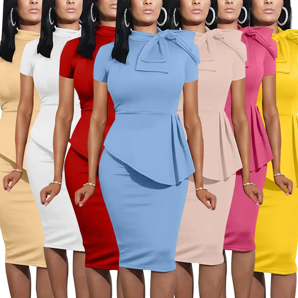 2025 Summer Women's Sexy Fashion Bevel Bow Hip hugging Short Sleeve Slim Dress