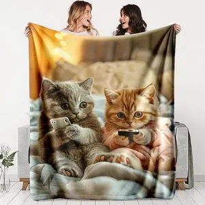 Comfortable Flannel Blanket with Cat Print, Warm and Durable, Ideal for Sofa, Office, Bed, Camping, Travel, Perfect Holiday Gift, Soft Warm Blanket