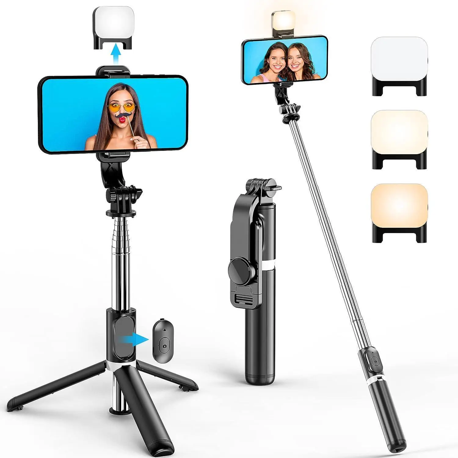 JUSIEX 41" Selfie Stick Tripod with Rechargeable Fill Light, Portable Extendable Tripod with Bluetooth Remote, 3 Light Modes, 9 Brightness Levels, Travel Phone Tripod Stand, Compatible with iPhone & Android
