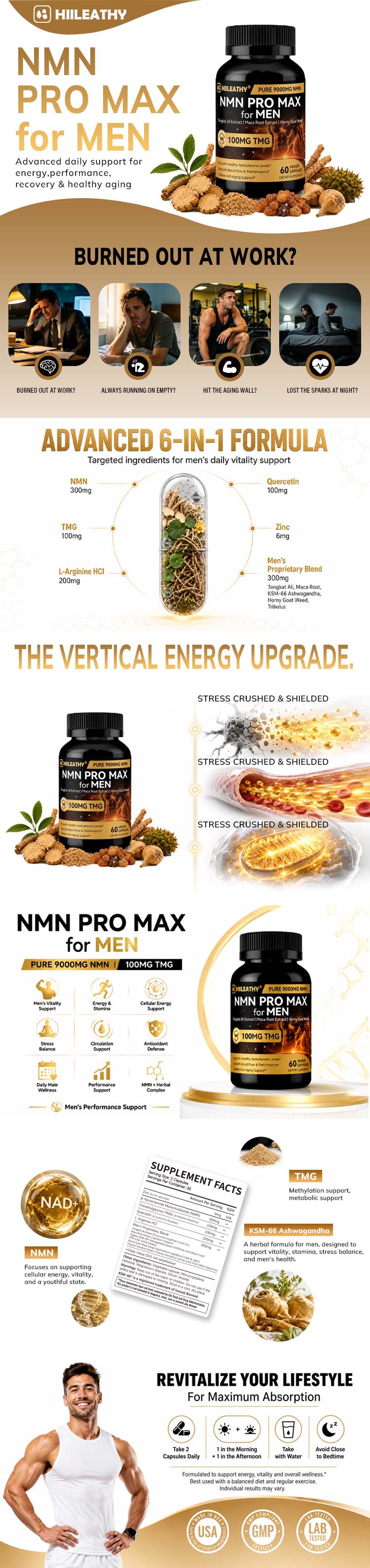 HIILEATHY NMN Pro Max Healthcare Dietary Supplement with NMN, TMG, Zinc, Quercetin, Energy Metabolism Support, Antioxidant Support, 60 Veggie Capsules