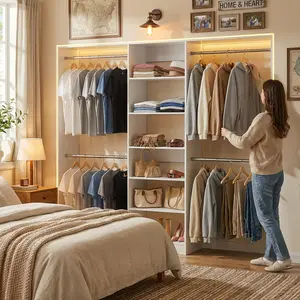 Homieasy Closet Organizer System, 4.5-10ft Modular Wooden Storage with 5 Hanging Rods & Shelving Tower, Adjustable for Walk-in Reach-in Bedroom Closets,