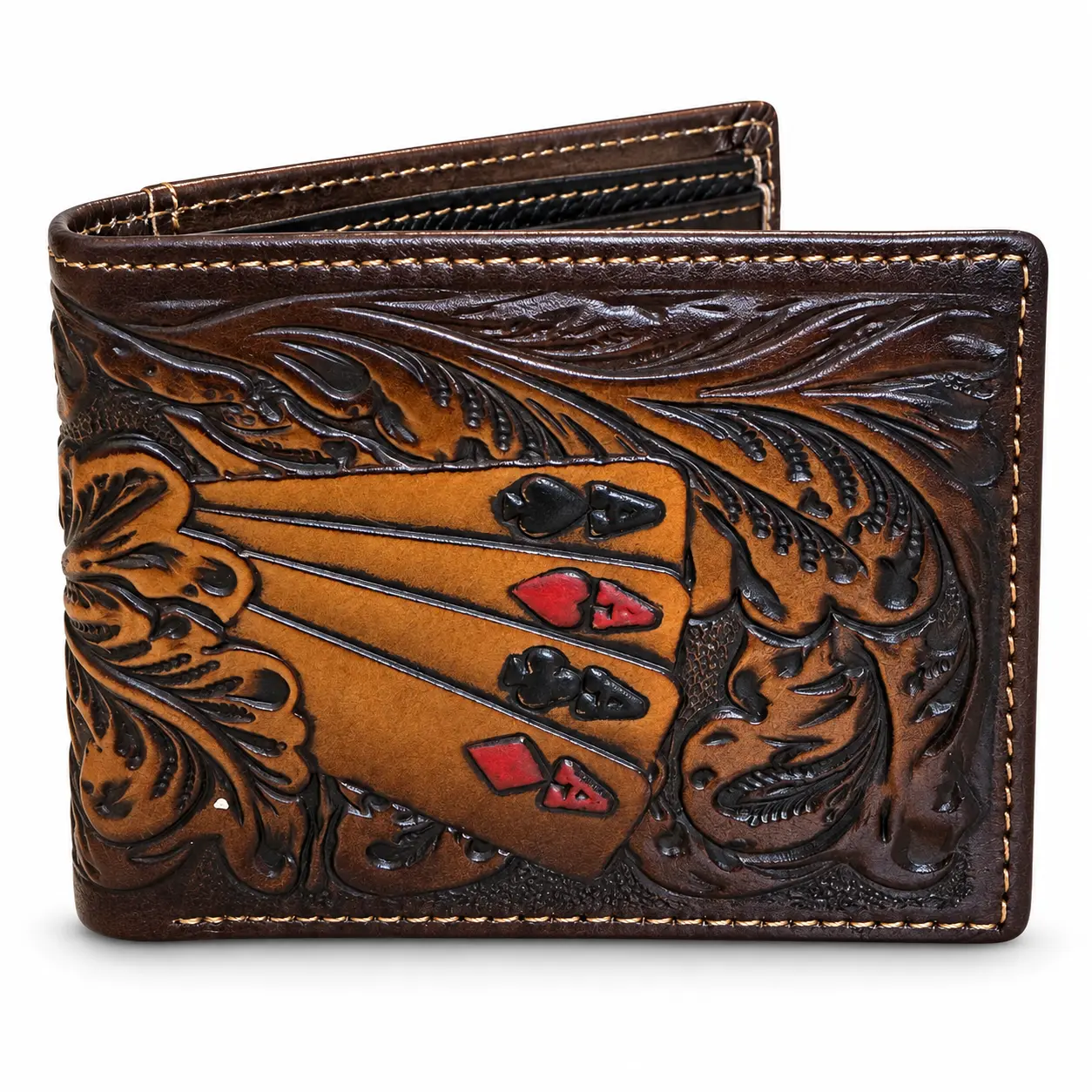 Ace Western Genuine Leather Short Bifold Wallet with Floral Tooling, 6 Card Slots & 2 Clear ID Holders