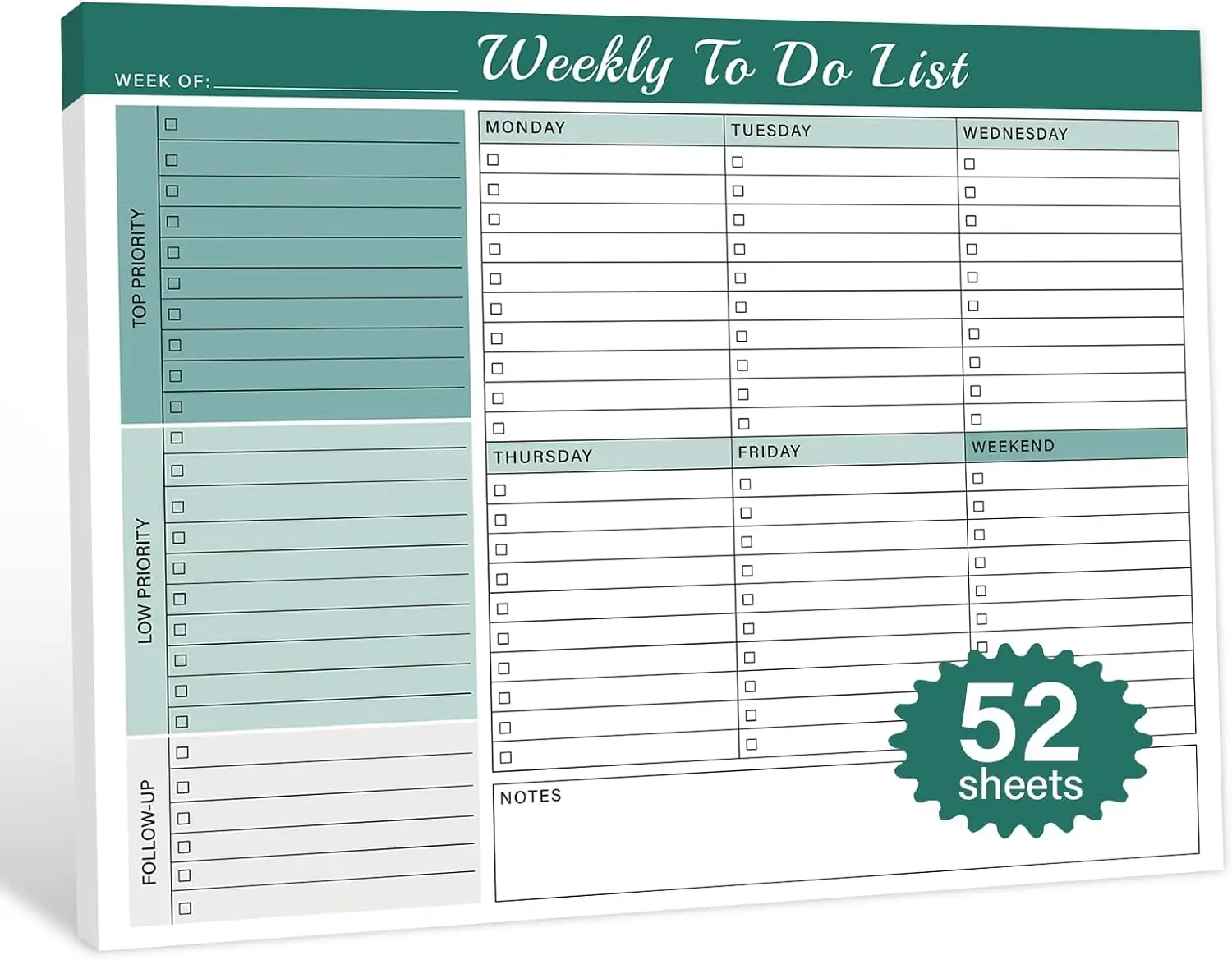 Weekly To Do List Notepad 52 Undated Glue Bound Tear Off Sheets 8.5x11 for Desk Planning Home Work School Organization Pad for Women Men