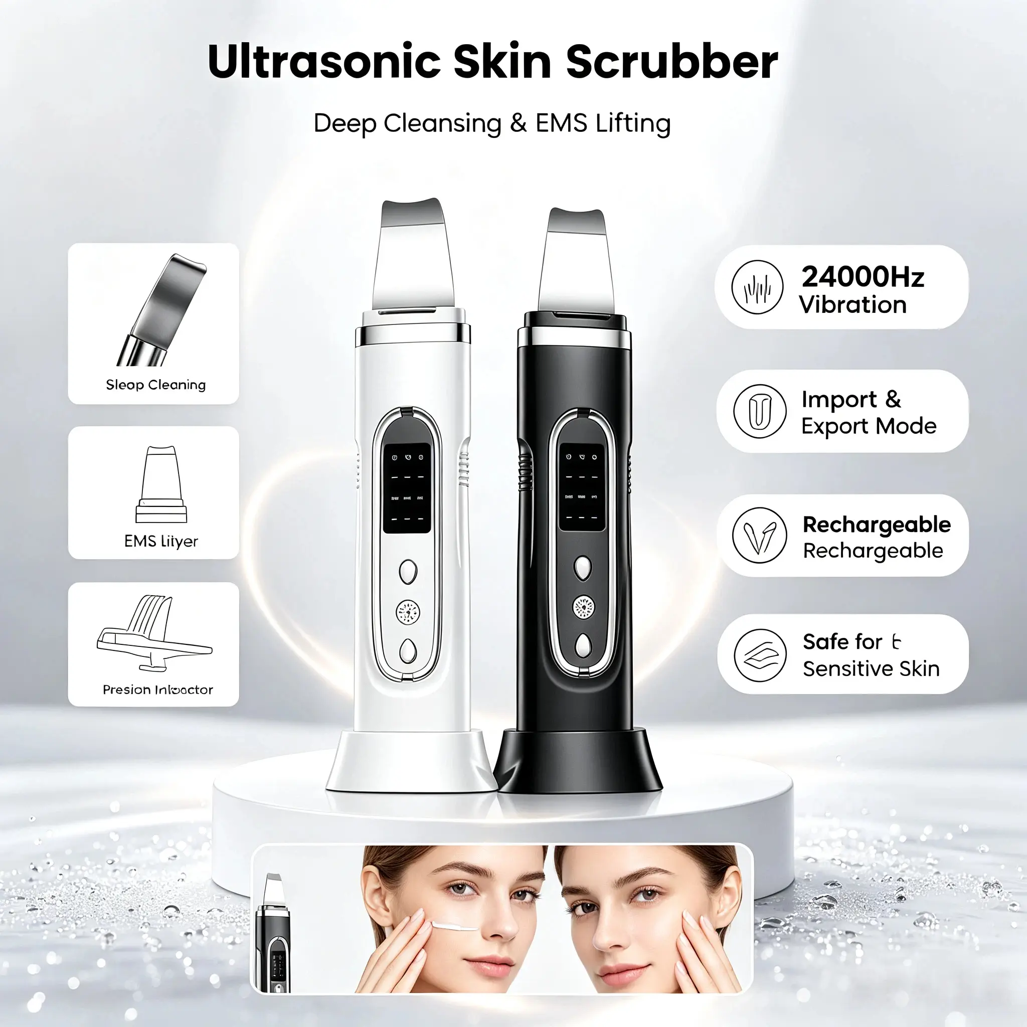 Ultrasonic Skin Scrubber、Facial Spatula、Blackhead Remover、Deep Pore Cleansing、Dead Skin Remover、Pore Extractor、Skin Lifting、Exfoliator、Rechargeable Facial Tool、Home Salon Skincare, Unisex, Deep Cleanse