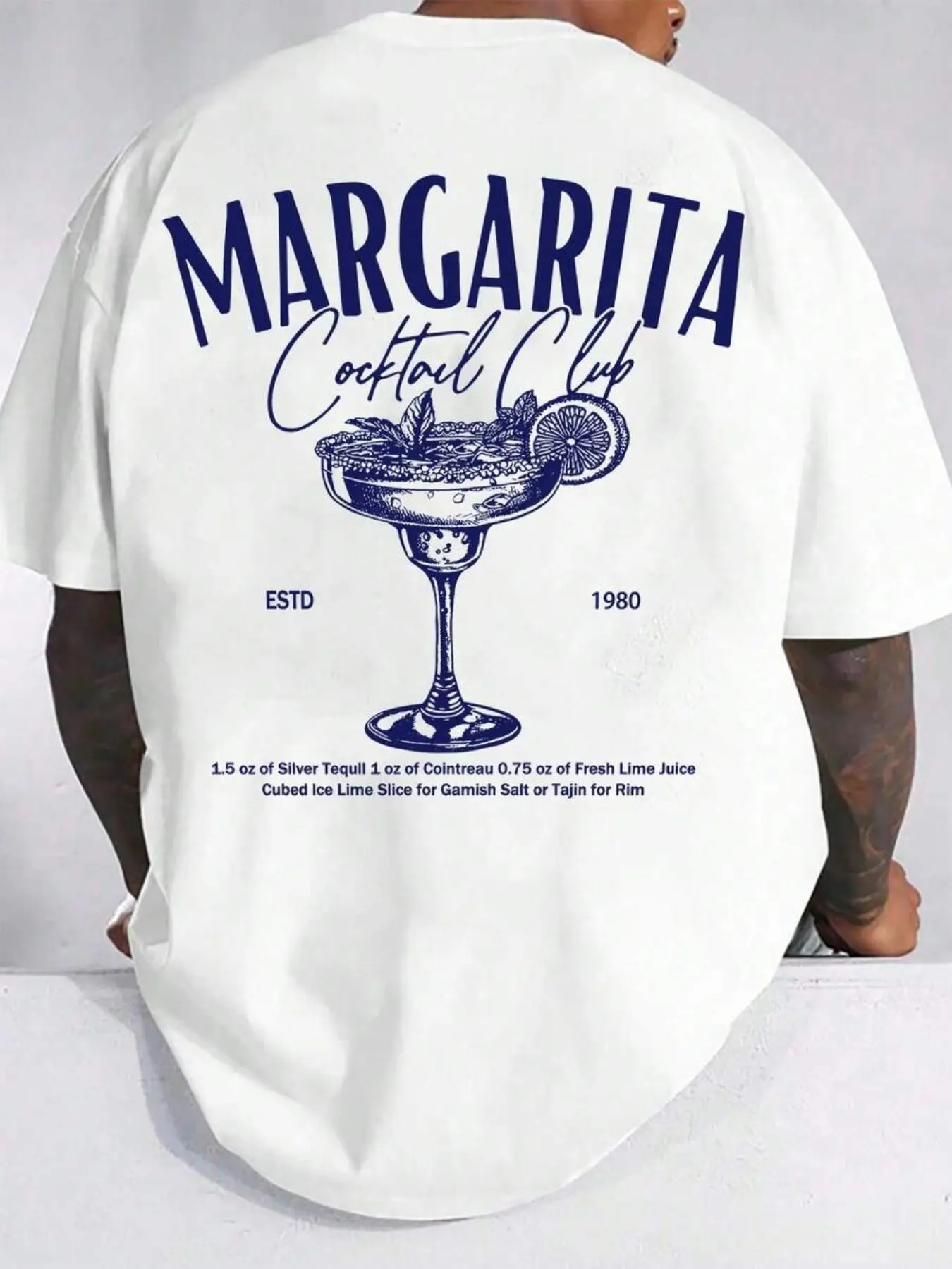 Margarita Cocktail Club' Vintage Margarita White Short-Sleeve T-Shirt, Man, Casual Cocktail Streetwear Top, Premium Cotton Fabric, Bold Retro Bar Aesthetic, Oversized-Fit, Eye-Catching Margarita & Recipe Print, Versatile Daily Wear, Graphic